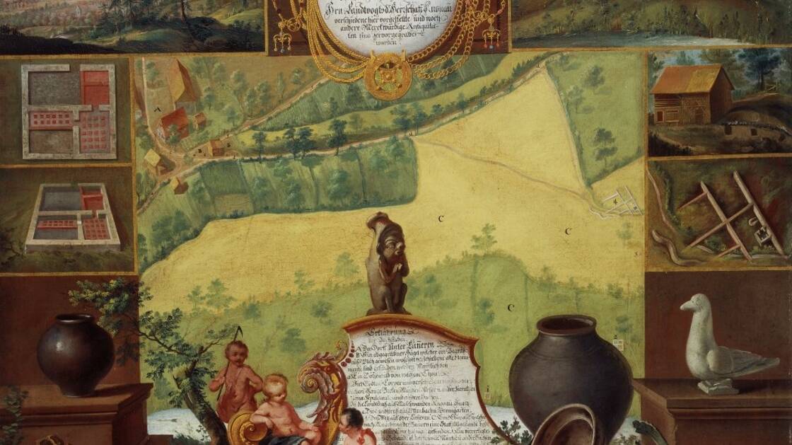 Excavation site at Lunnern. Painting by Johann Balthasar Bullinger. 1742.